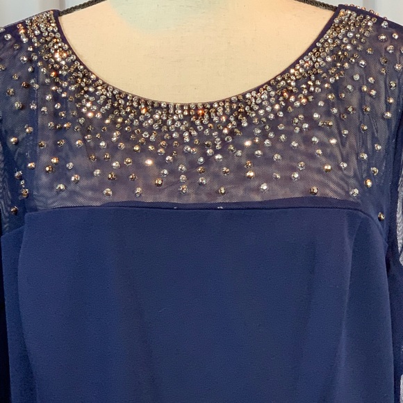 Alex Evenings Beaded Neckline Sheer Long Sleeve Navy Blue Dress - size 18 - Picture 4 of 10